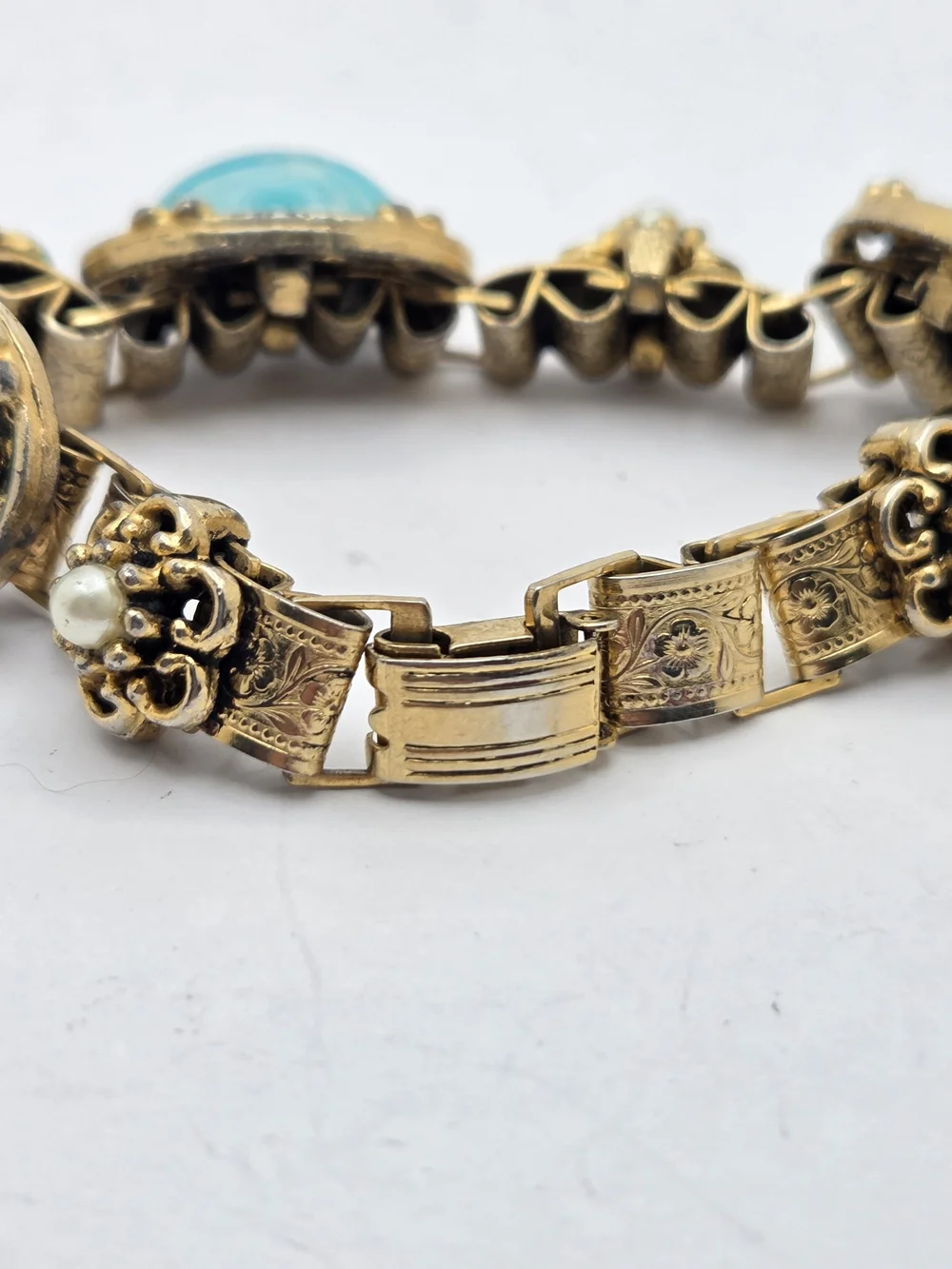 Vintage Gold Tone Faux Turquoise Pearl Panel Bracelet Filigree Etched 7 Inches